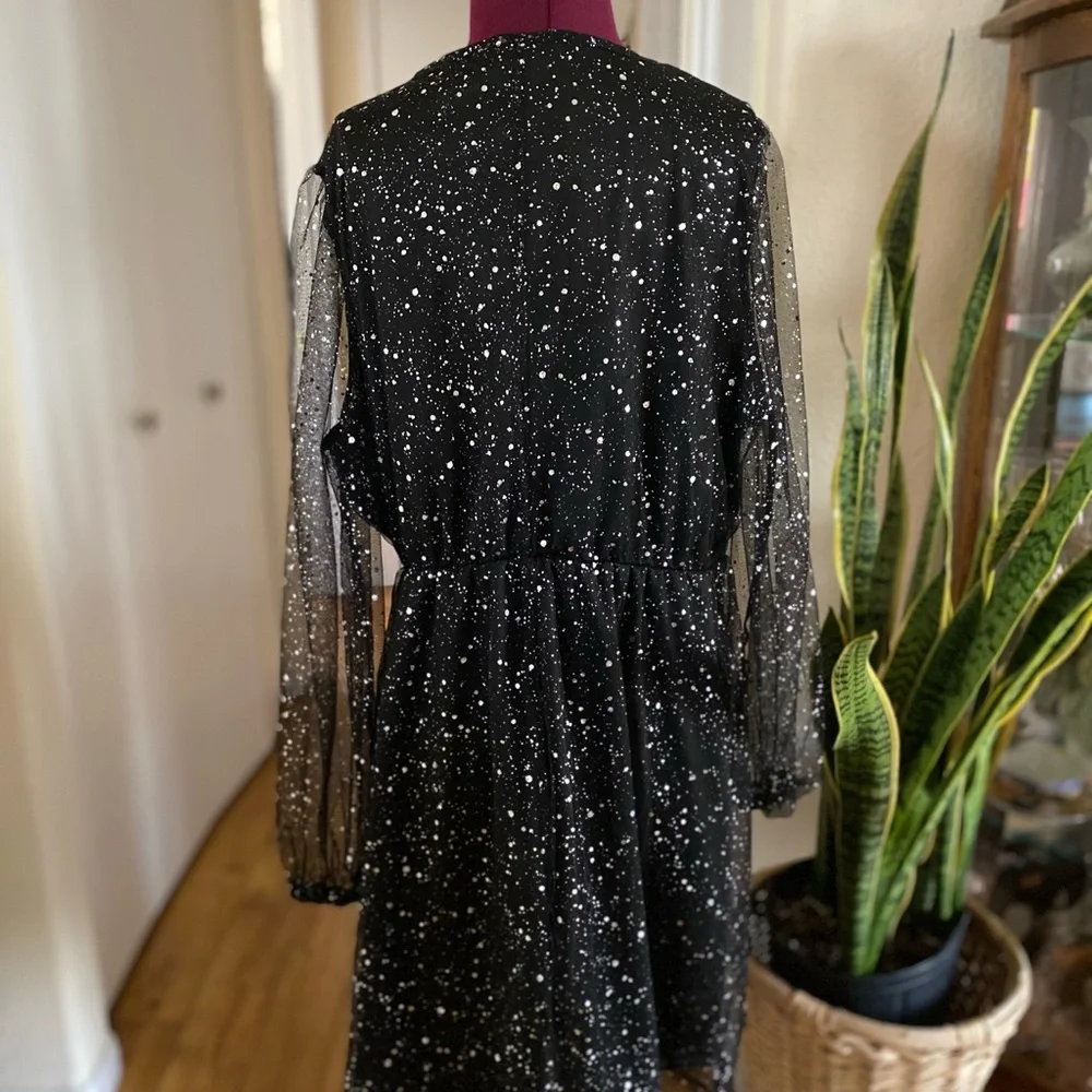 Black Sheer Dress with Mutiple Sizes of Silver Dots. - Picture 3 of 4